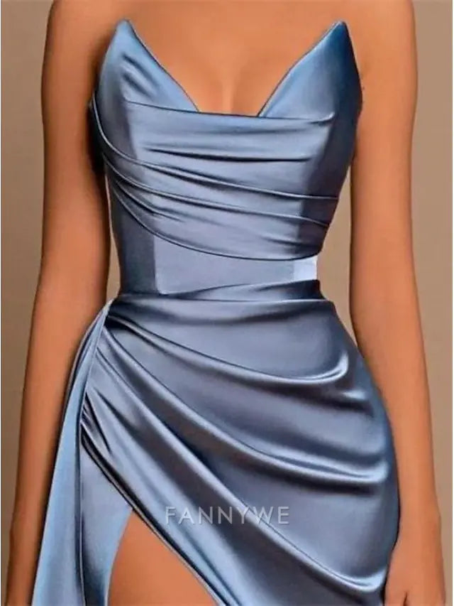 FannyWe Simple A-Line Evening Gown Party Dress Wedding Guest Prom Sweep / Brush Train Sleeveless V Neck Bridesmaid Dress Charmeuse Backless with Pleats Ruched Slit Masquerade Dress